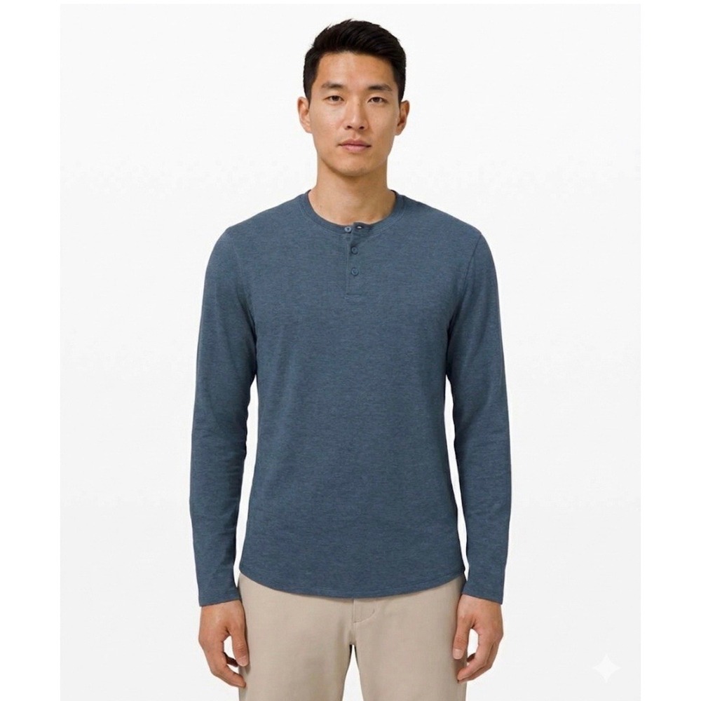 J23 Lululemon Mens Long‎ Sleeve Henley Shirt Blue Athletic Casual Top
